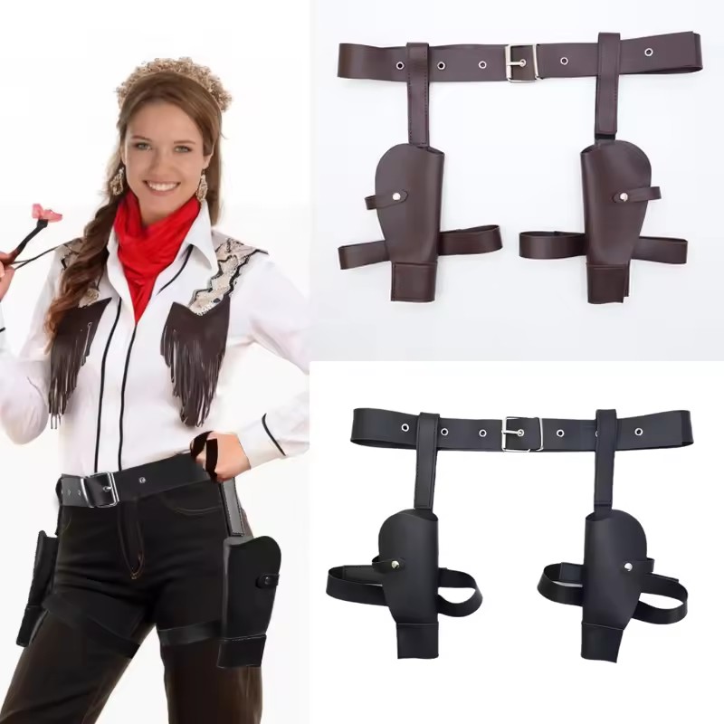 Cosplay Prop Pistol - ซองปืนหนัง PU วินเทจสำหรับผู้ใหญ่ สไตล์ลาร่า คอสเพลย์ เข็มขัดยีนส์ตะวันตก