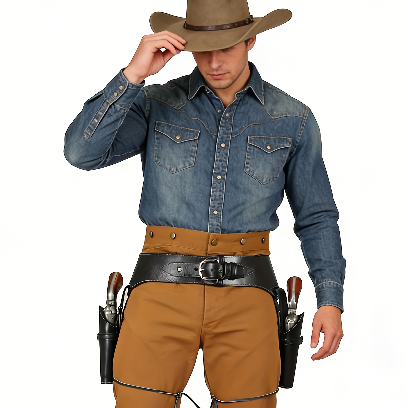 Cosplay Prop Pistol - ซองปืนคาวบอยสไตล์วินเทจพร้อมเข็มขัดและสายรัดขา ซองปืนคู่สำหรับคอสเพลย์ อุปกรณ์ประกอบฉากสำหรับฮาโลวีนและ LARP